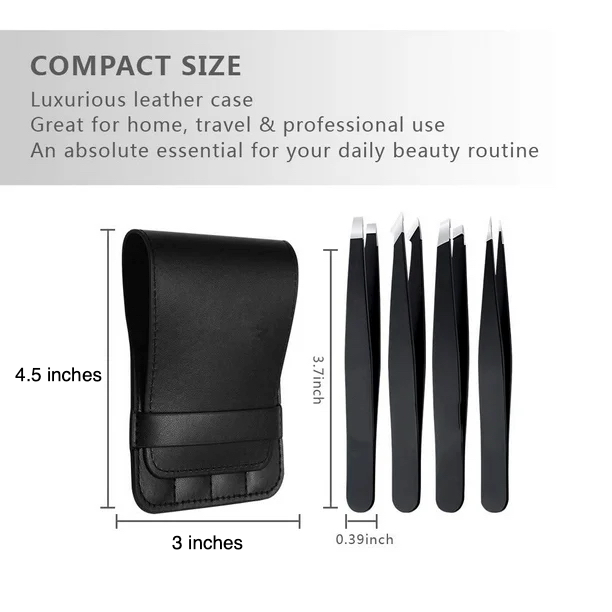 NJ Stainless Steel Slant Tip and Pointed Eyebrow Tweezer Set with travel case, 4 Pcs (Black)