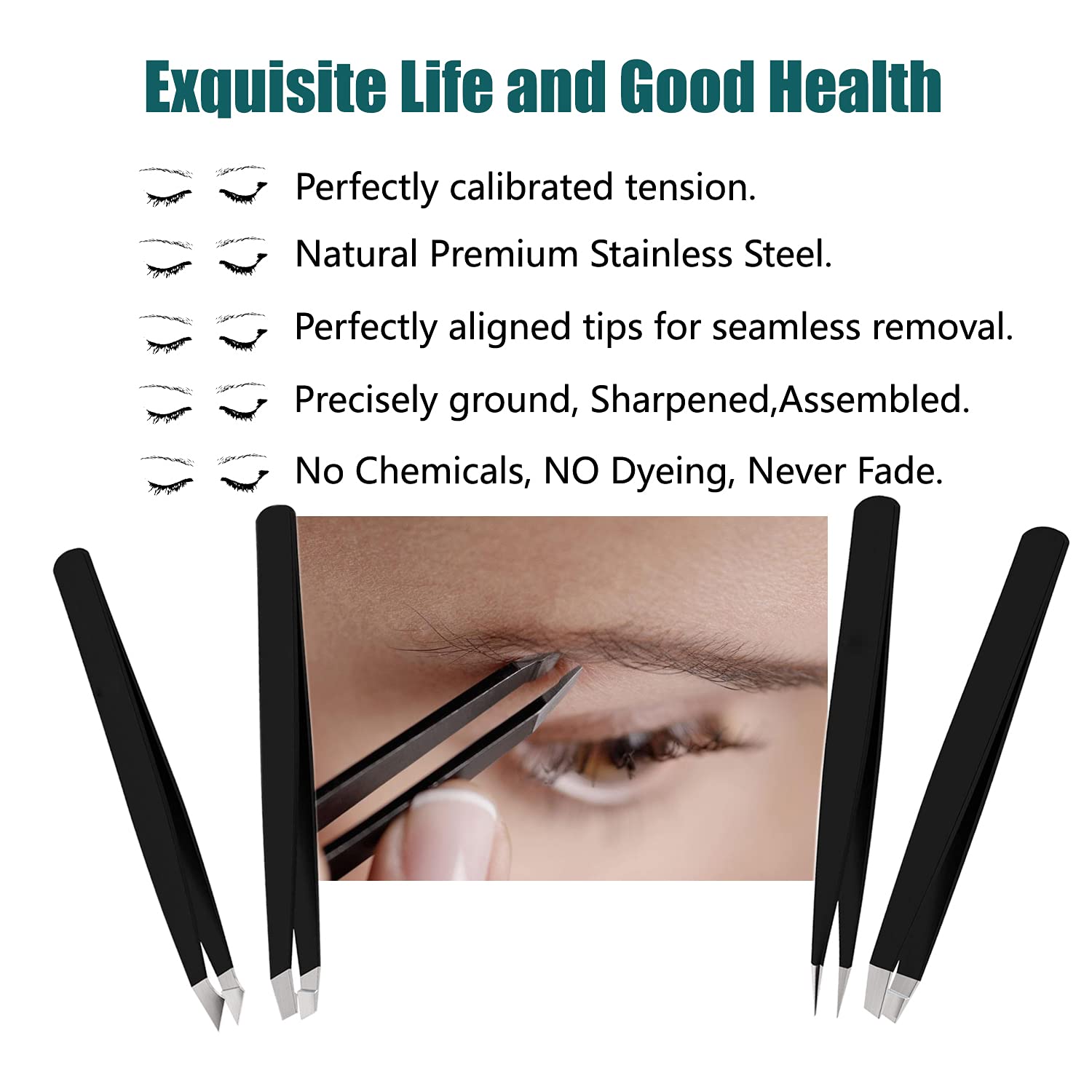 NJ Stainless Steel Slant Tip and Pointed Eyebrow Tweezer Set with travel case, 4 Pcs (Black)