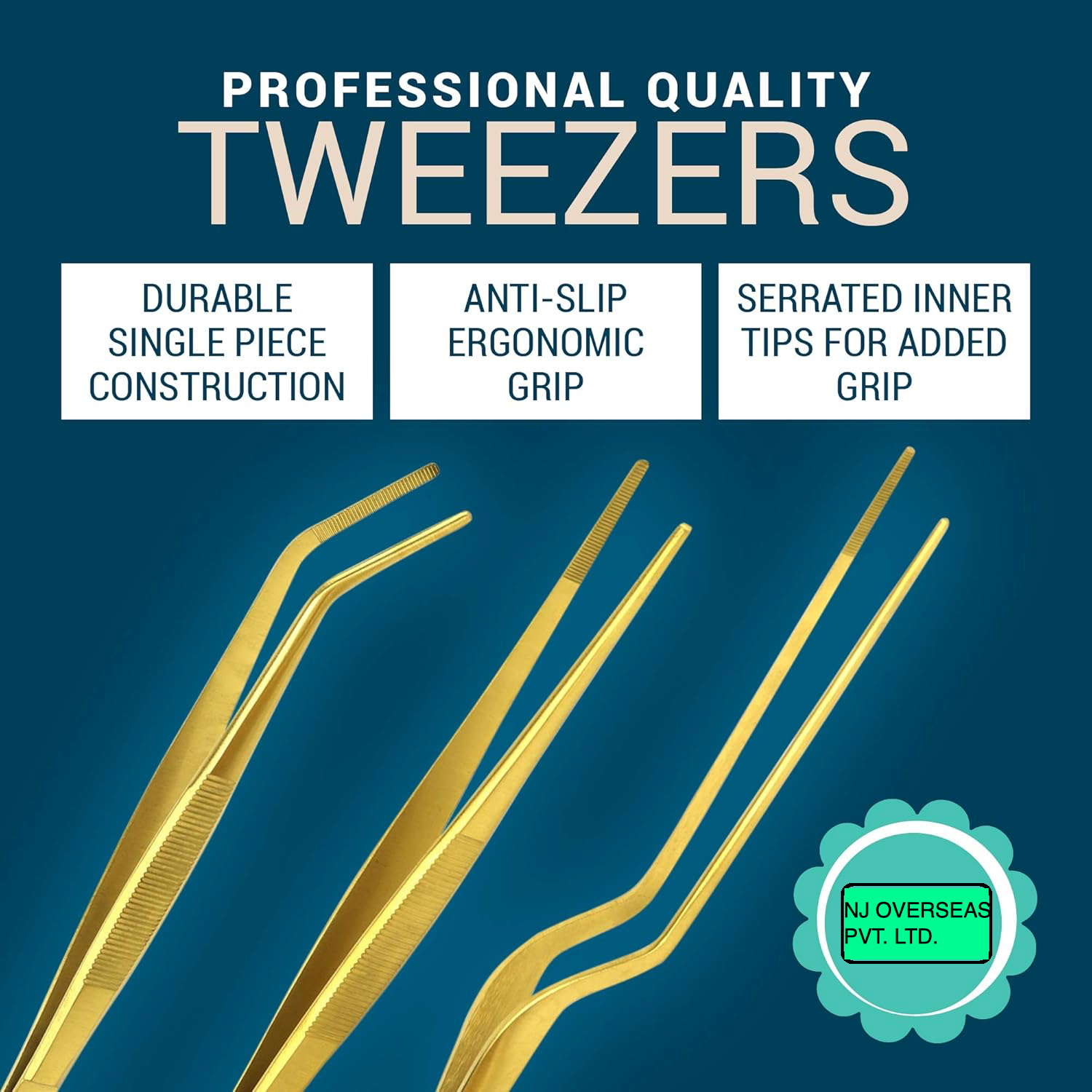 NJ Golden Stylish Cooking Culinary Chef Food Tweezers 6.3 Inches