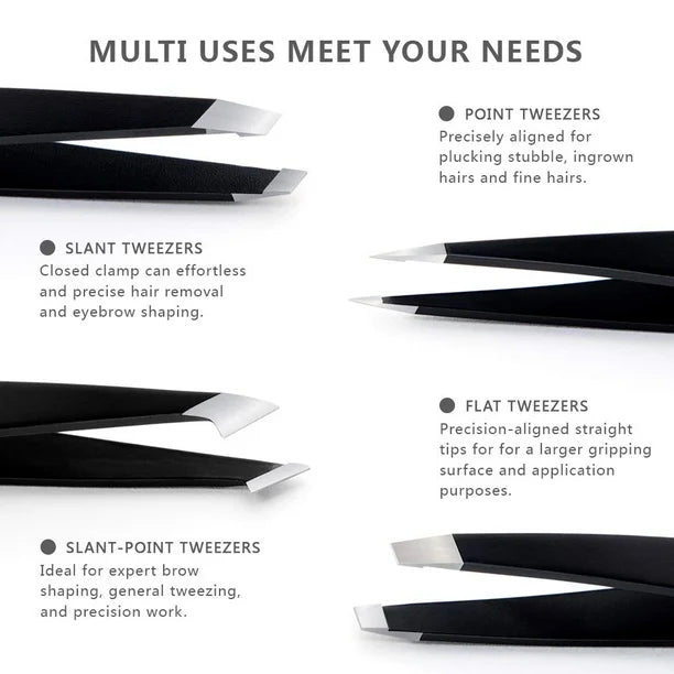 NJ Stainless Steel Slant Tip and Pointed Eyebrow Tweezer Set with travel case, 4 Pcs (Black)