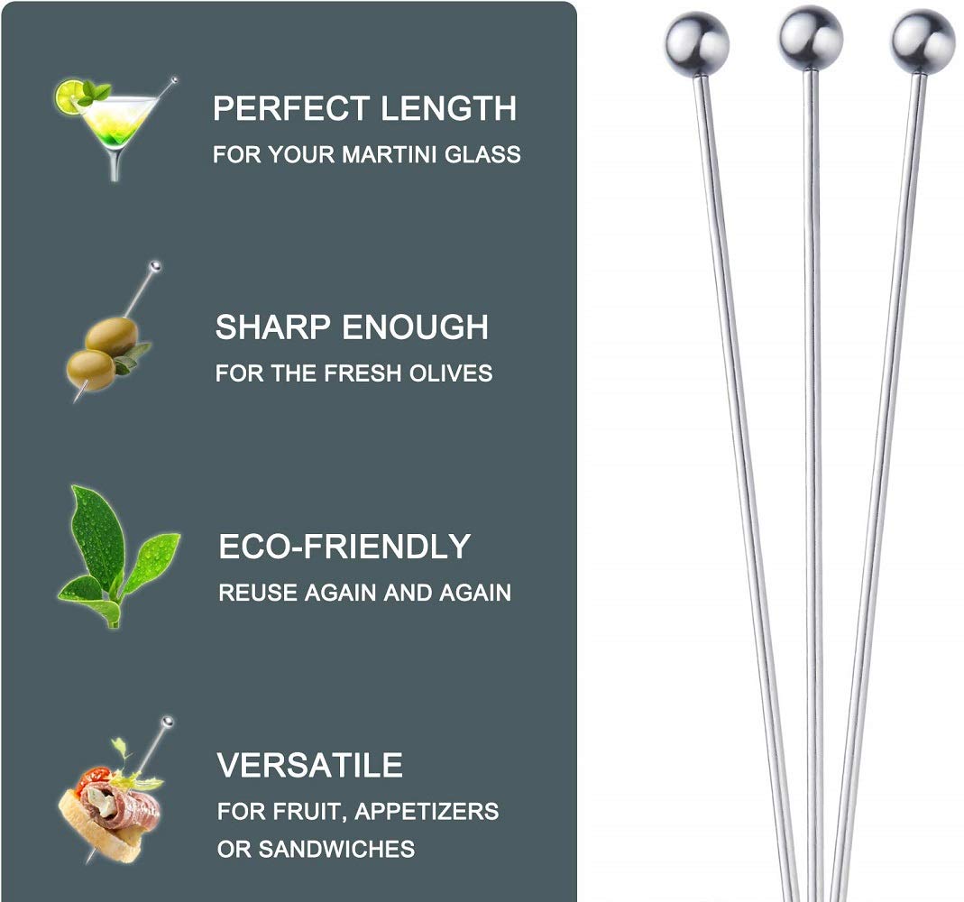 NJ Cocktail Picks 304 Stainless Steel Martini Olive Skewers Reusable Sticks Starter Toothpicks Fruit Stick, Perfect for Party Home Bar