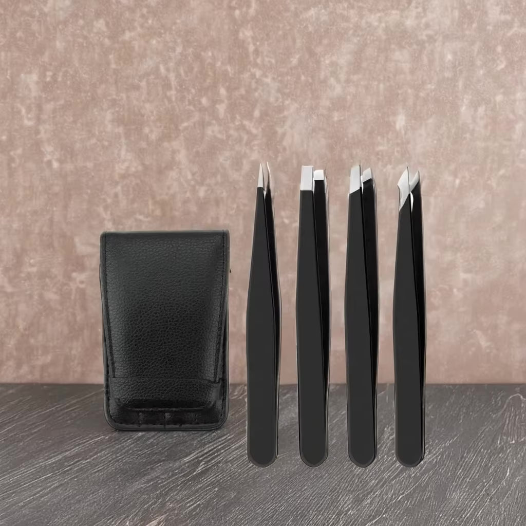 NJ Stainless Steel Slant Tip and Pointed Eyebrow Tweezer Set with travel case, 4 Pcs (Black)