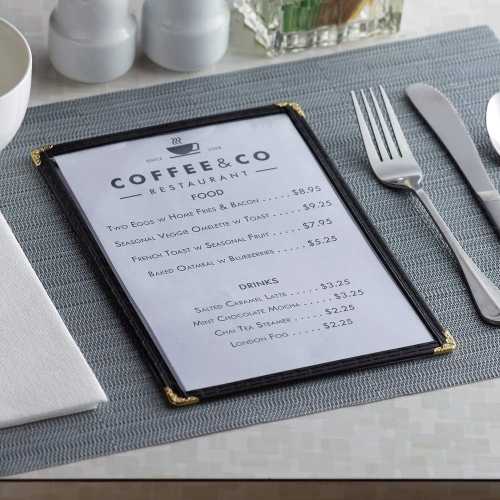 Menu Covers - Single Page, Fits 8.5 x 11 Inch Page Menu Holder Double Stitched Restaurant Menu Two Clear Viewing Surfaces