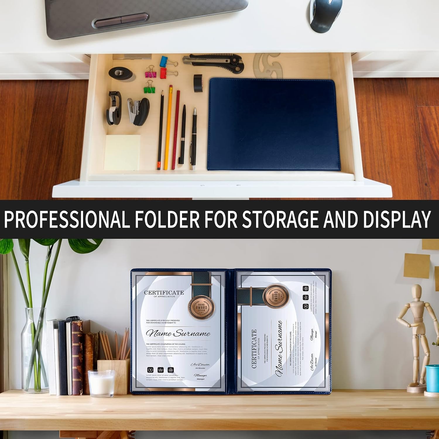 NJ Leather Certificate Holder, Degree Folder, Diploma Cover, Document Folder Holds A4 Paper : BLUE