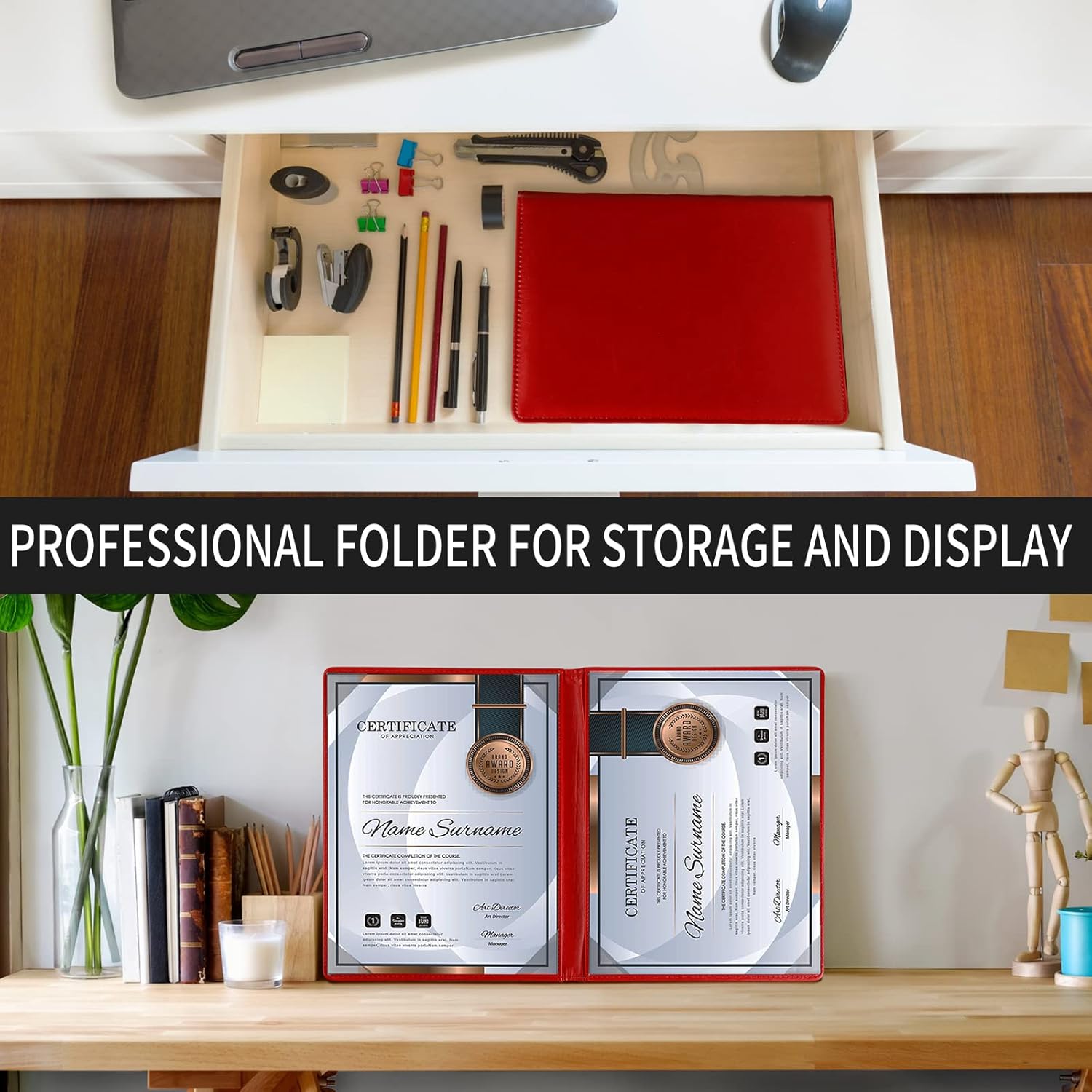 NJ Leather Certificate Holder, Degree Folder, Diploma Cover, Document Folder Holds A4 Paper : RED