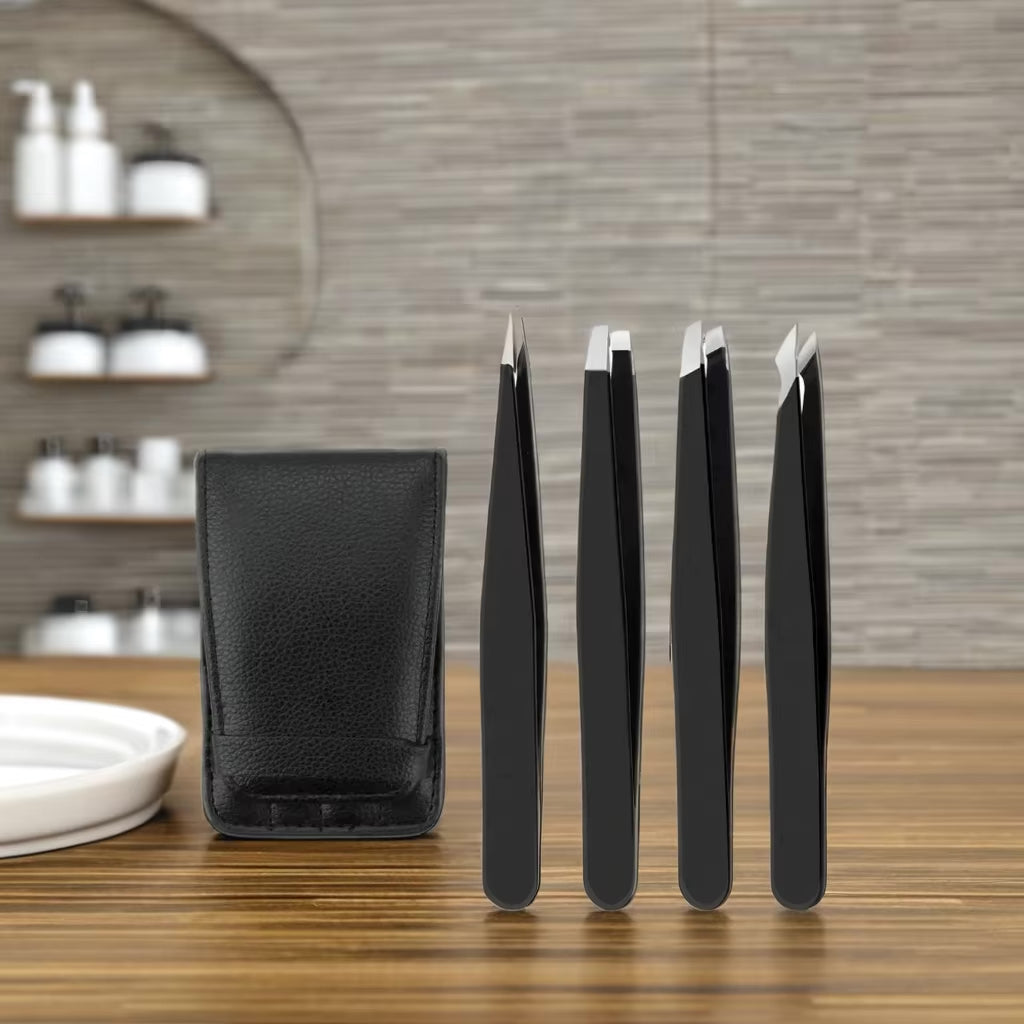 NJ Stainless Steel Slant Tip and Pointed Eyebrow Tweezer Set with travel case, 4 Pcs (Black)