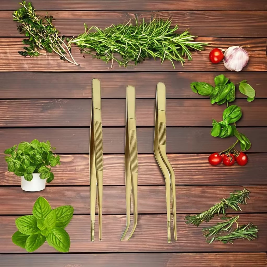NJ Golden Stylish Cooking Culinary Chef Food Tweezers 6.3 Inches