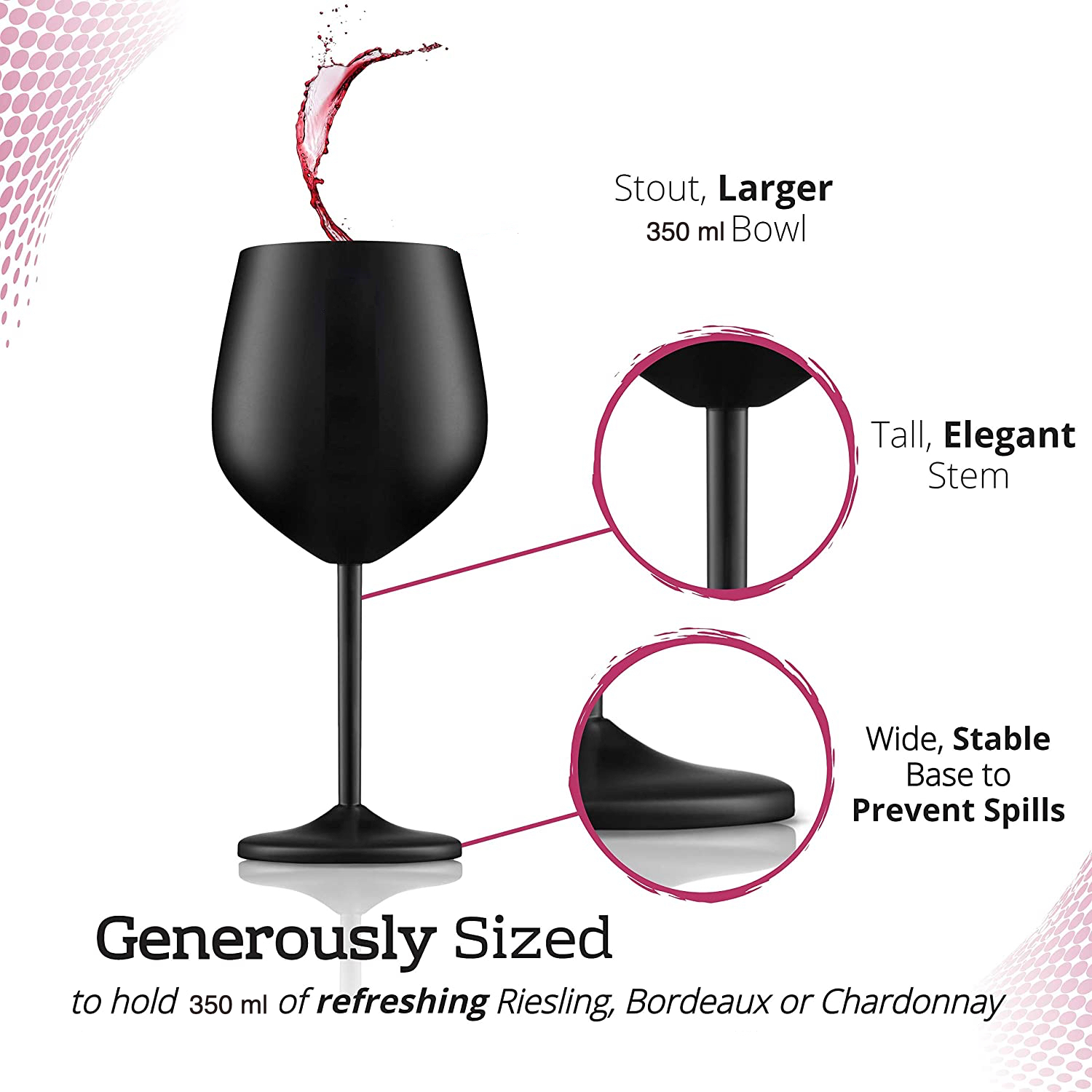 NJ Black Wine Glasses, Shatter Proof Steel Unbreakable Wine Glass, Drink Ware for Cocktails Gift for Men and Women - 350 ml: 2 Pcs Set
