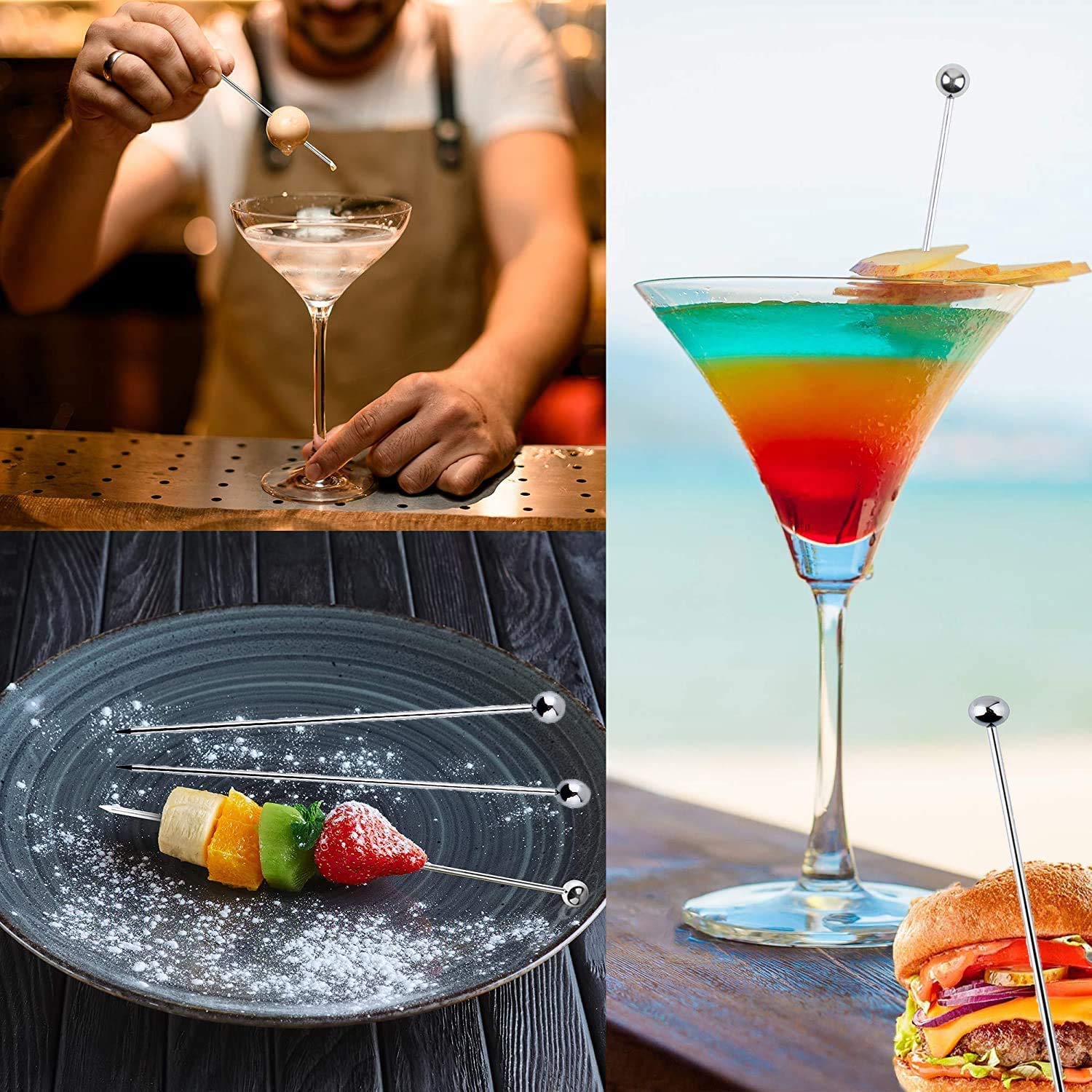 NJ Cocktail Picks 304 Stainless Steel Martini Olive Skewers Reusable Sticks Starter Toothpicks Fruit Stick, Perfect for Party Home Bar