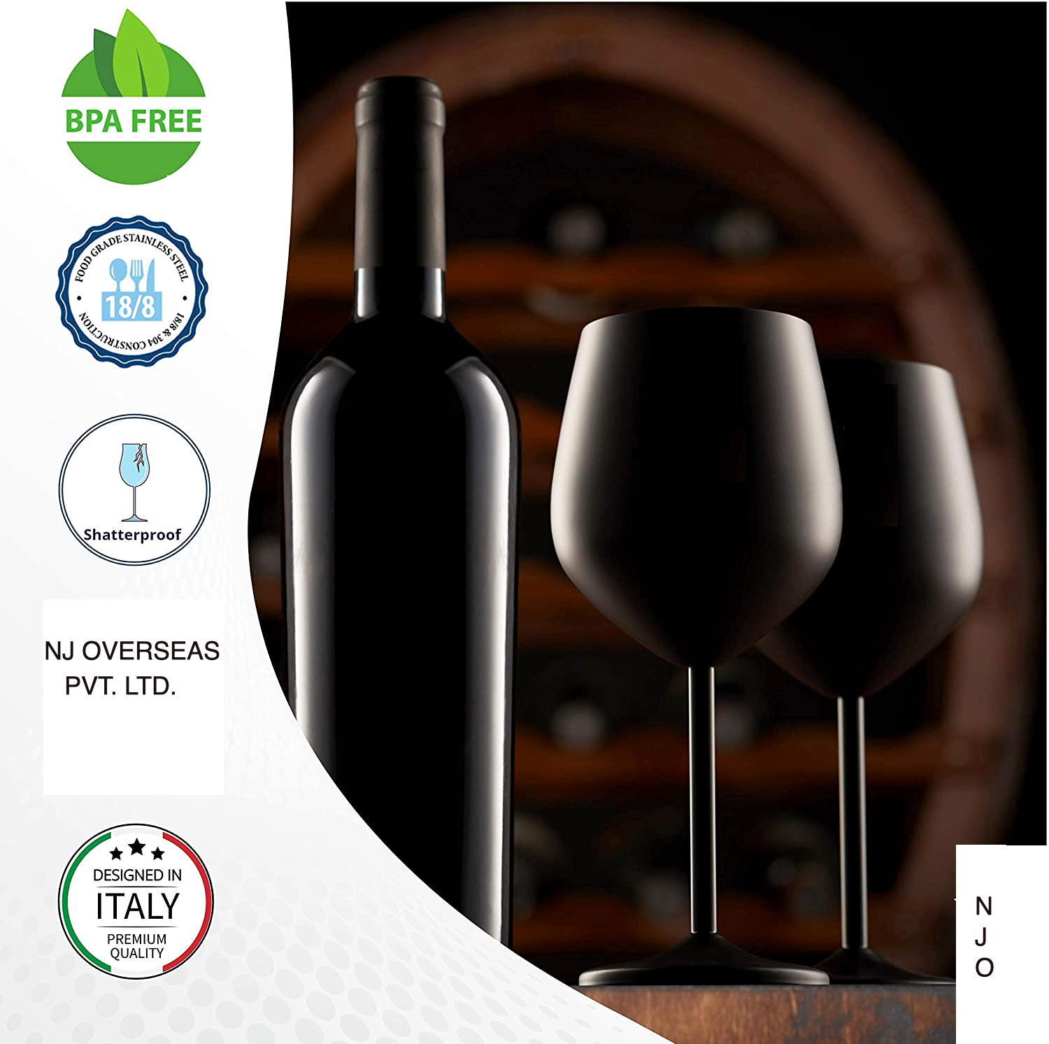 NJ Black Wine Glasses, Shatter Proof Steel Unbreakable Wine Glass, Drink Ware for Cocktails Gift for Men and Women - 350 ml: 2 Pcs Set