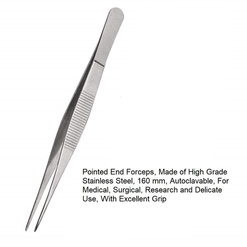 NJ Premium Pointed End Forceps, Made of High Grade Stainless Steel, 160 mm, Autoclavable, For Medical, Surgical, Research and Delicate Use, With Excellent Grip