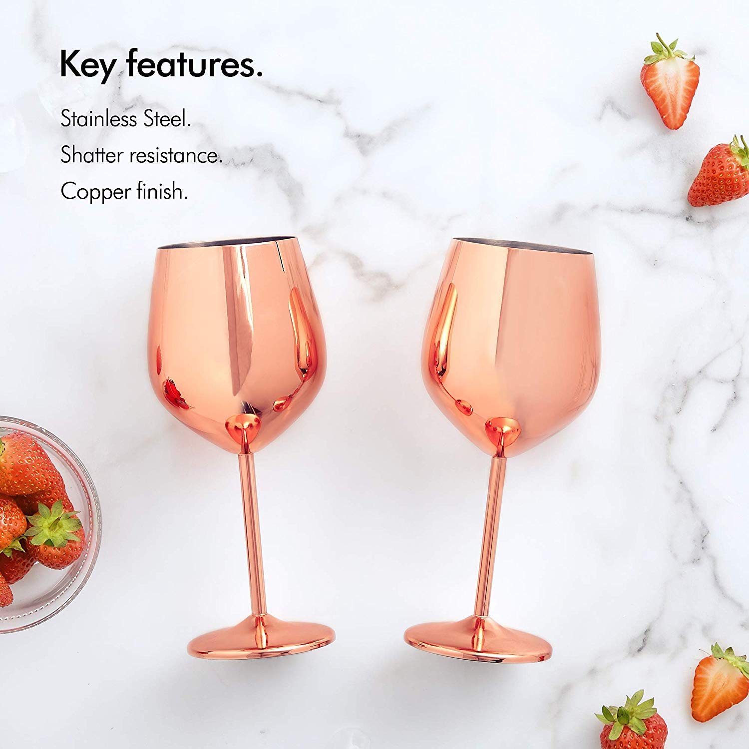 NJ Stainless Steel Stemmed Wine Glasses with 4 Ice Cubes, Shatter Proof Copper Coated Unbreakable Wine Glass Goblets, Premium Gift for Men and Women, Party Supplies - 360 ml : 2 Pcs
