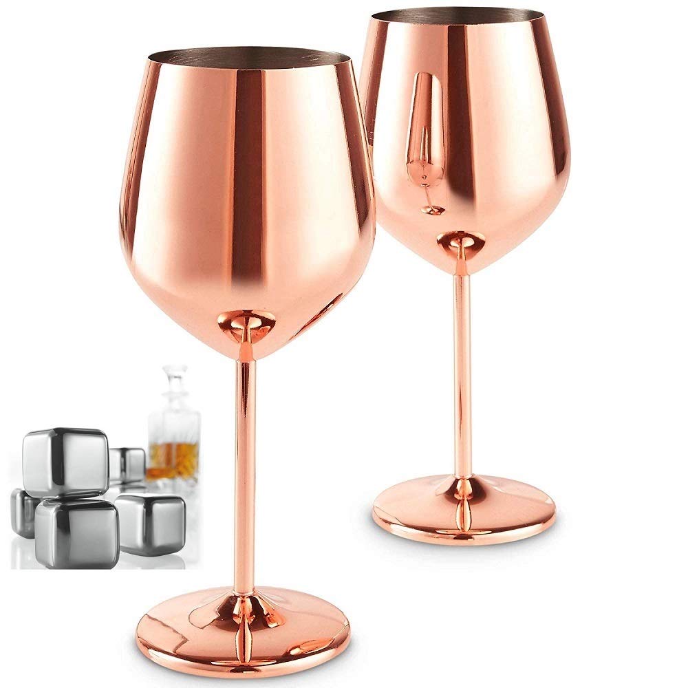 NJ Stainless Steel Stemmed Wine Glasses with 4 Ice Cubes, Shatter Proof Copper Coated Unbreakable Wine Glass Goblets, Premium Gift for Men and Women, Party Supplies - 360 ml : 2 Pcs