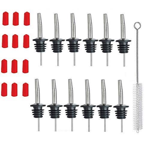 NJ Pourers Speed Pourer Liquor Bottle Pourers and Vinegar Tapered Spout for Restaurant,Bar,Pub,Club,Hotel and Kitchen Use with Red Dust Caps and spout Cleaning Brush: 12 Pcs Set