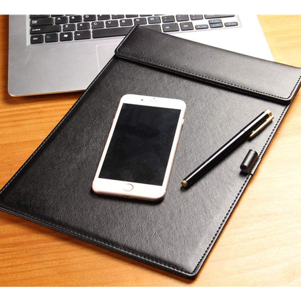 NJ Ultra Soft Premium Leather Clipboard Document Holder,Rectangle A3 Desk Writing Pad & Drawing Board,Magnetic Paper Clip for Hotel Front Desk,Writing Pad with Pen Holder,PU Letter,A4 /18x14" : Black