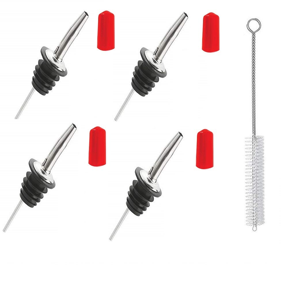 NJ Metal Pourers,Speed Pourer,Liquor Bottle Pourers and Vinegar Tapered Spout,Perfect for Restaurant,Bar,Pub,Club,Hotel and Kitchen Use with Red Dust Caps and spout Cleaning Brush: 4 Pcs Set