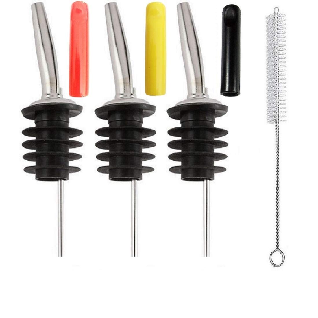 NJ Metal Bottle Pourers for Olive Oil, Pouring Spouts for Liquor, Wine and Spirits Perfect for Restaurant, Bar, Hotel, Kitchen Use Red,Yellow,Black Dust Covers and Free Cleaning Brush - Pack of 7