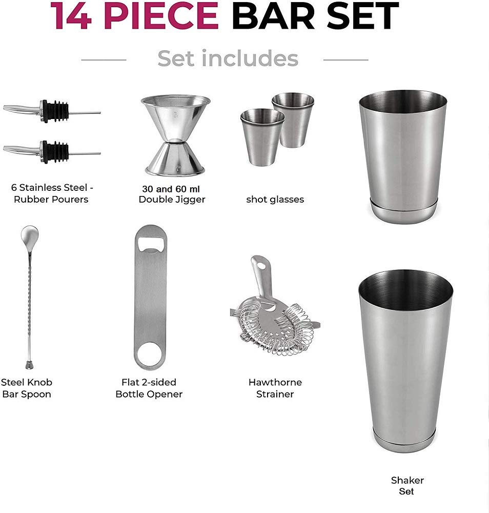 NJ Premium Cocktail Shaker Bar Tools Set, Stainless Steel Bartender Kit with All Bar Accessories, Cocktail Strainer, Double Jigger, Bar Spoon, Bottle Opener, Pourers :14 Pcs