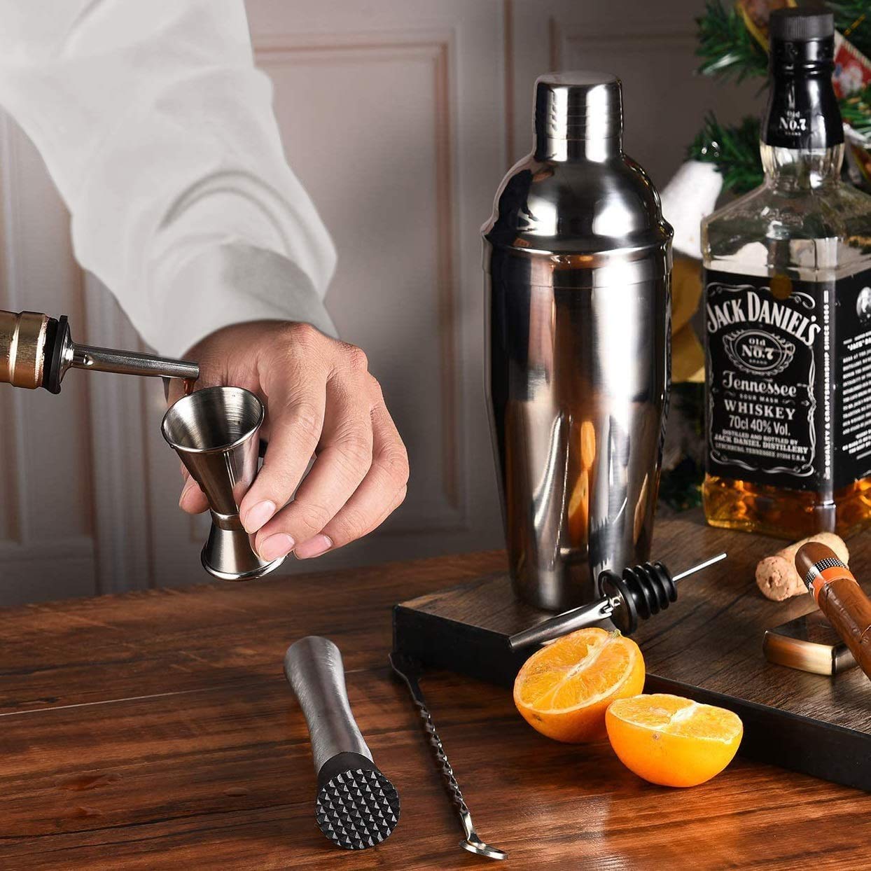 NJ Cocktail Shaker Set for Professional Bartender and Home Bar Including 500 ml Martini Shaker, 30-60 ml Measuring Jigger, Muddler, Mixing Spoon, 2 Liquor Pourers, 4 Drinking Straws & 1 Brush: 11 Pcs