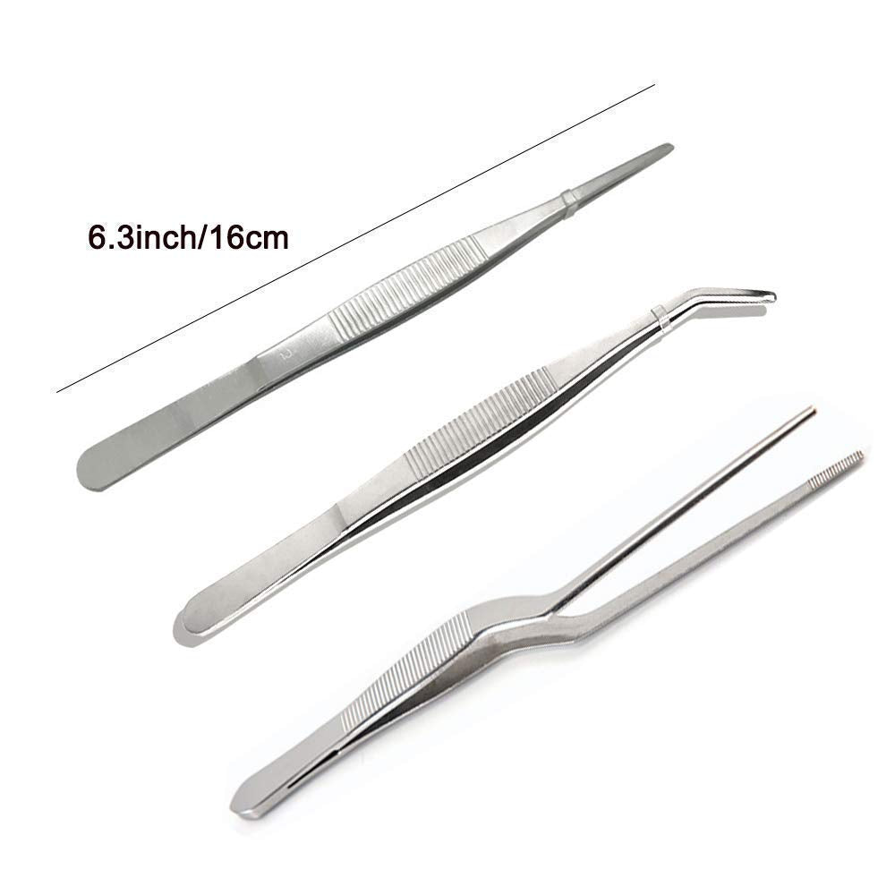 NJ OVERSEAS Kitchen Cooking Culinary Tweezers, Stainless Steel Precision Tongs Medical Beauty Utensils, 6.3 Inches -3 Pieces Set