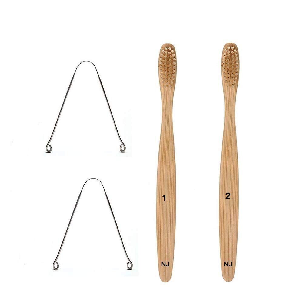 NJ Organic plant based Biodegradable Eco-Friendly Bamboo Toothbrush with Steel Tongue Cleaners,Natural wooden and BPA Free white Bristles, Dental Care Set for Men and Women: 4 Pcs