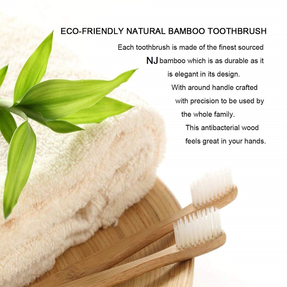 NJ Organic plant based Biodegradable Eco-Friendly Bamboo Toothbrush with Steel Tongue Cleaners,Natural wooden and BPA Free white Bristles, Dental Care Set for Men and Women: 4 Pcs