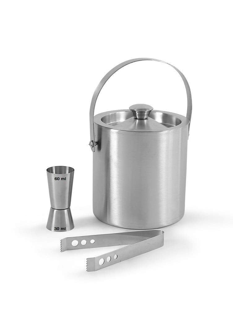 NJ Stainless Steel Silver Bar Set | Bar Tools | Bar Accessories Set of 3 Pieces | Ice Bucket | Ice Tong | Peg Measure - Ideal for Party Get Together and Gifting