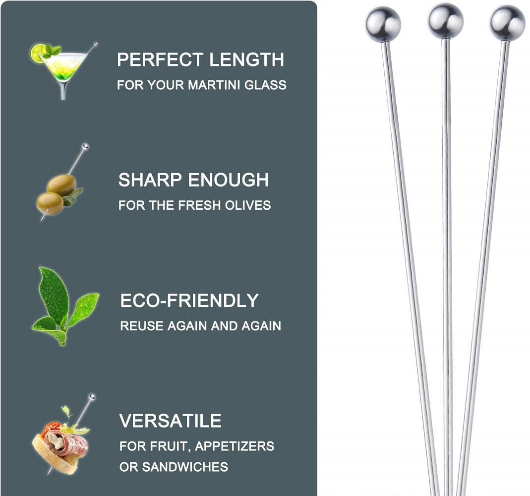 NJ Cocktail Picks 304 Stainless Steel Martini Olive Skewers Reusable Sandwich Sticks Appetizer Toothpicks Fruit Stick, Perfect for Party Home Bar - 4.3 Inches, 12 PCS (Small Ball)