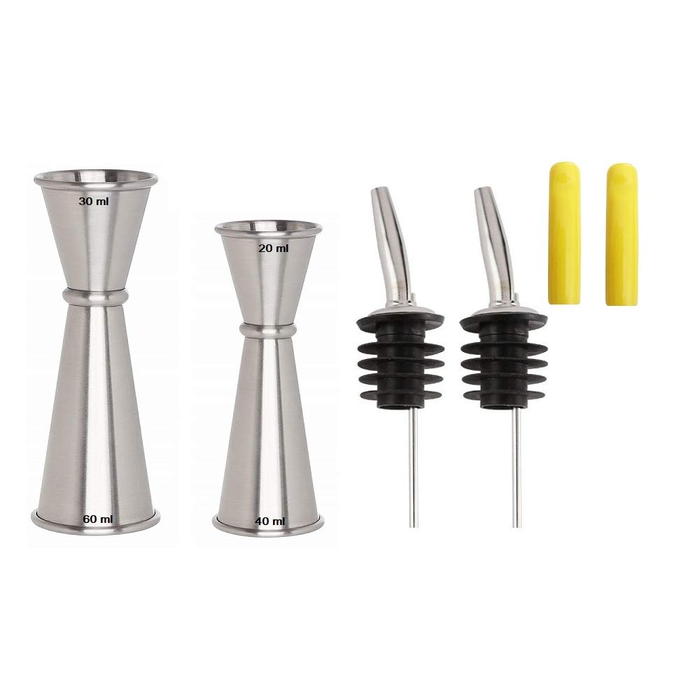 NJ Japanese Jigger 20-40 and 30-60 ml, Pourer Set 2 Pcs with Yellow dust Covers, Bar Accessories : 6 Pcs Set
