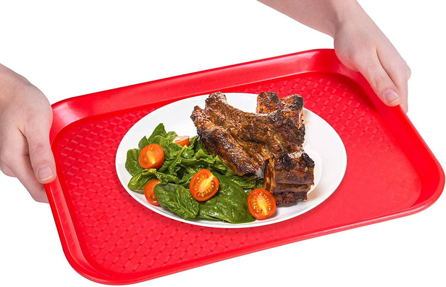 NJ Plastic Serving Platter Large Tray Unbreakable Snacks Tea Serving Tray Red Drink Breakfast Tea Dinner Coffee Salad Food for Dinning Table Home Kitchen (16 X 12 Inches) : Red 3 Pcs.