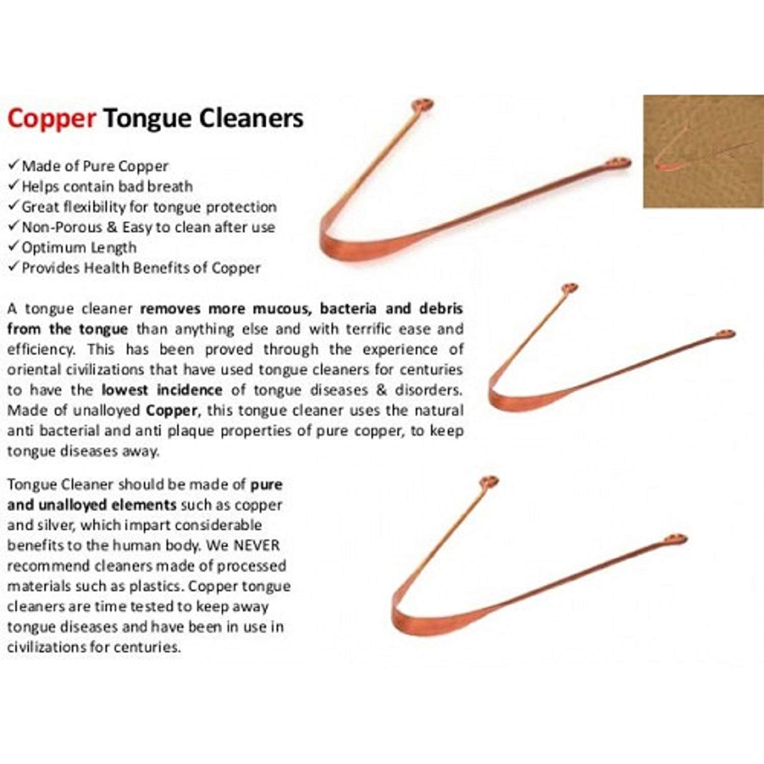 NJ Copper Tongue Cleaner ECO, Ayurvedic Tongue Cleaner made of Pure Copper for Daily Oral Dental Hygiene Fresh Breath and Health: 3 Pcs