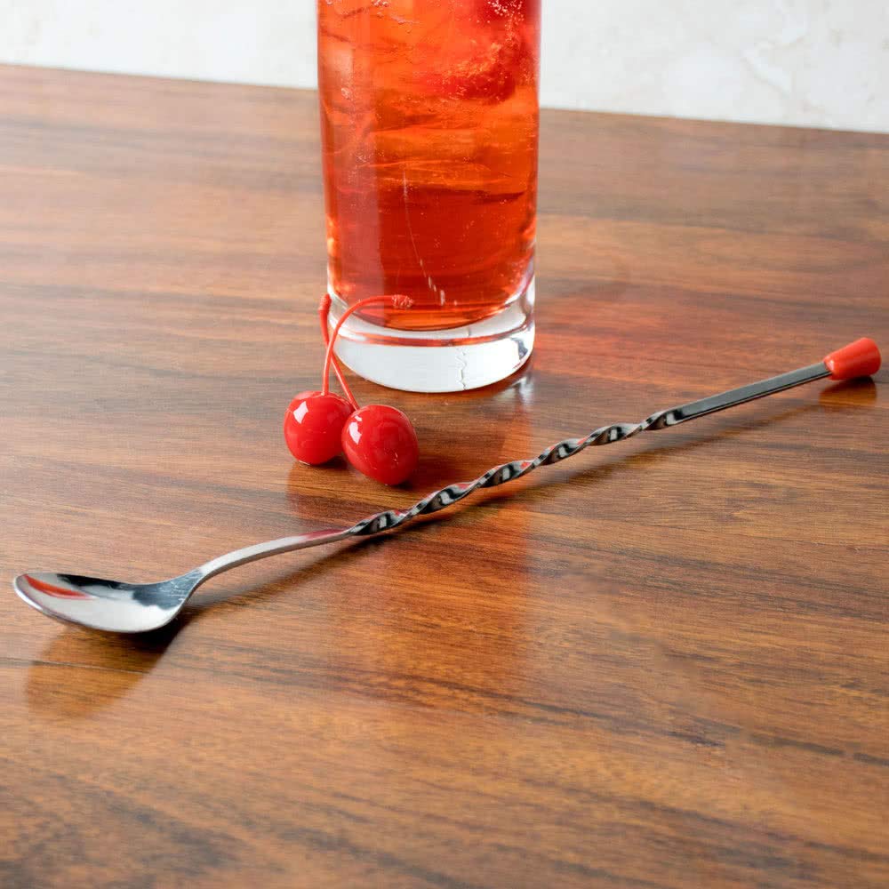NJ OVERSEAS Stainless Steel Strong Non-Rust Bartender Long Mixing Stirrer/Cocktail Mixing Spoons (Silver with Red Knob) - 2 Pieces