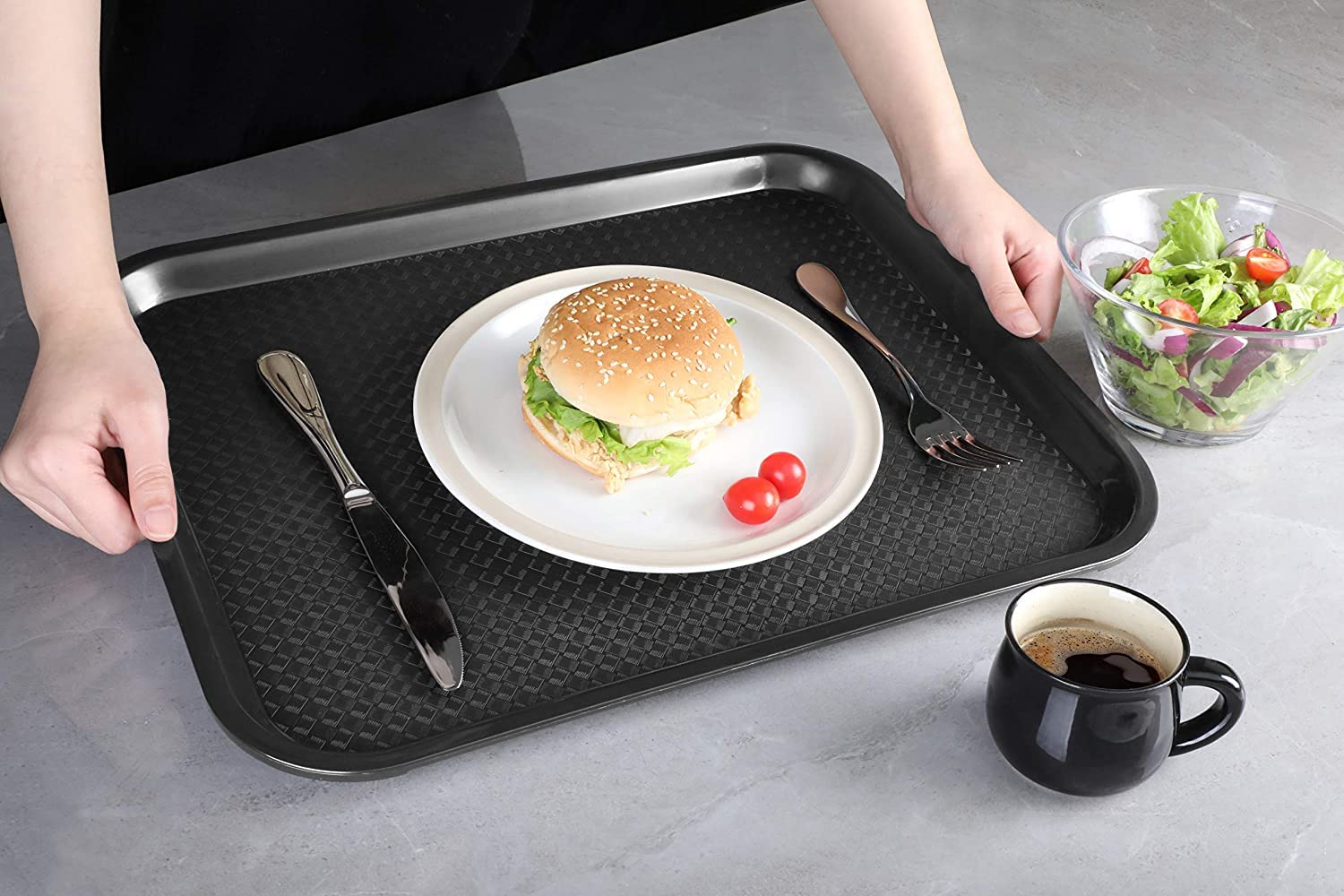 NJ Plastic Serving Platter Large Tray Unbreakable Snacks Tea Serving Tray Black Drink Breakfast Tea Dinner Coffee Salad Food for Dinning Table Home Kitchen (16 X 12 Inches) : 4 Pcs.