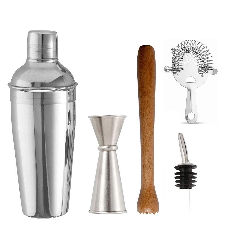 NJ OVERSEAS Cocktail Shakers 500 ml, Wooden Muddler Heathrow Strainer and Japanese Style Peg Measurer 30 and 60 ml: 5 Pieces Set