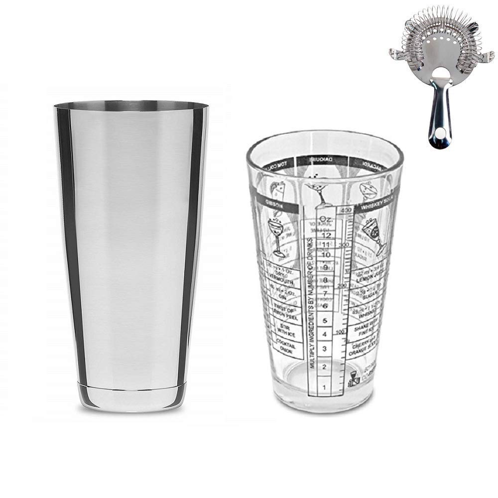 NJ Premium Cocktail Shaker Set with Detailed Size Scale and 7 Cocktail Recipes Made of 304 Stainless Steel Thick Glass, Bar Cocktail Shaker Kit, Home Bar Bartending Kit Martini Drink Mixer: 3 Pcs