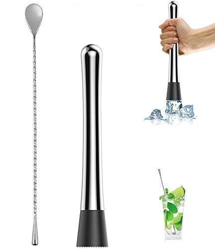 NJ Cocktail Bar Muddler 8", Stainless Steel Strong and Teardrop Mixing Spoon 12": 2 Pieces