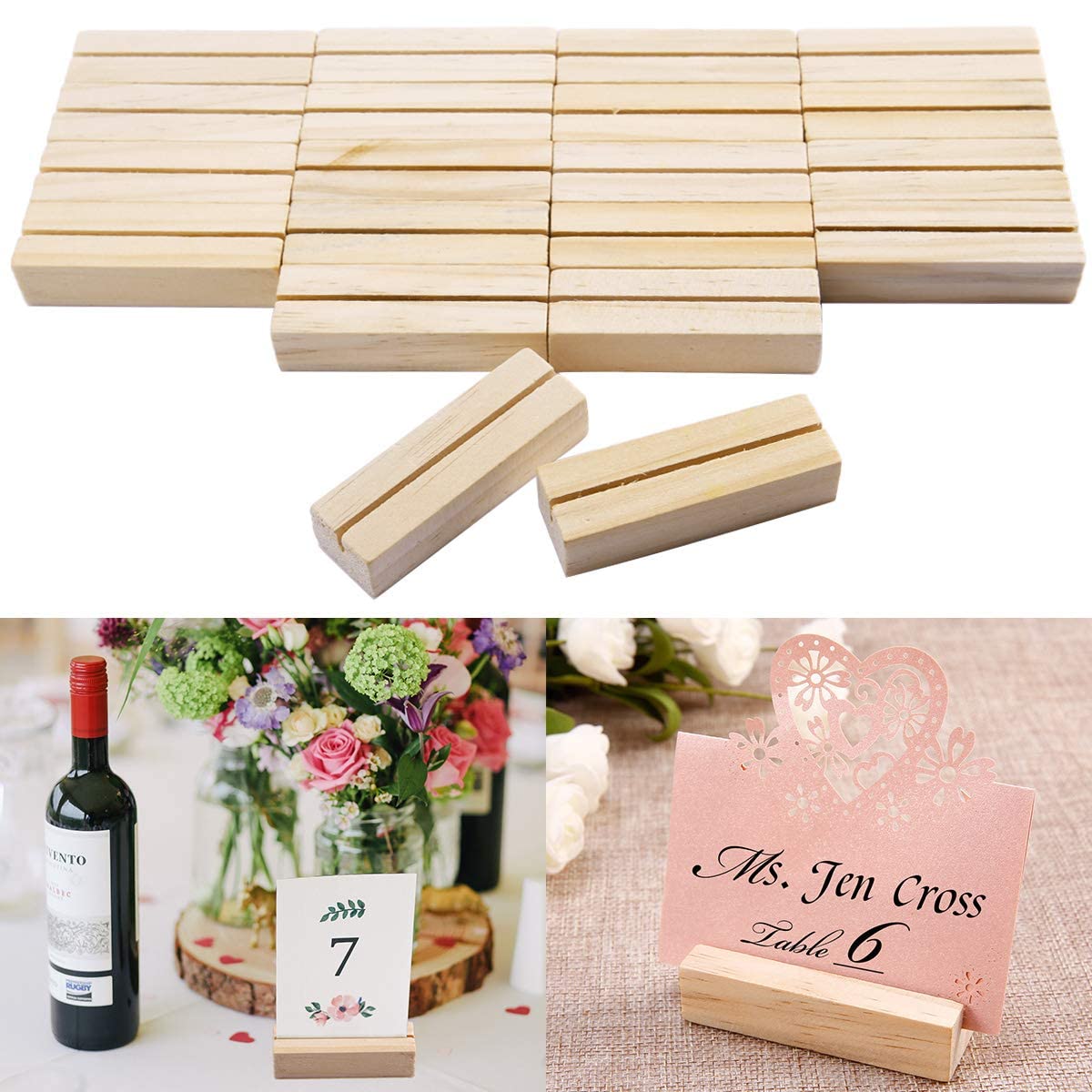 NJ Wood Card Holder Natural Beech Wood Table Number Holders, Wood Photo/picture Holders, Conference name card stand, buffet menu card holder, perfect for Hotel/home parties and conferences: 12 Pcs Set