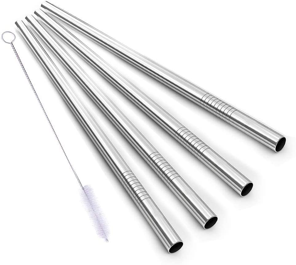 NJ Stainless Steel Smoothie Straws, 9" X 8mm with Cleaning Brush Set of 4
