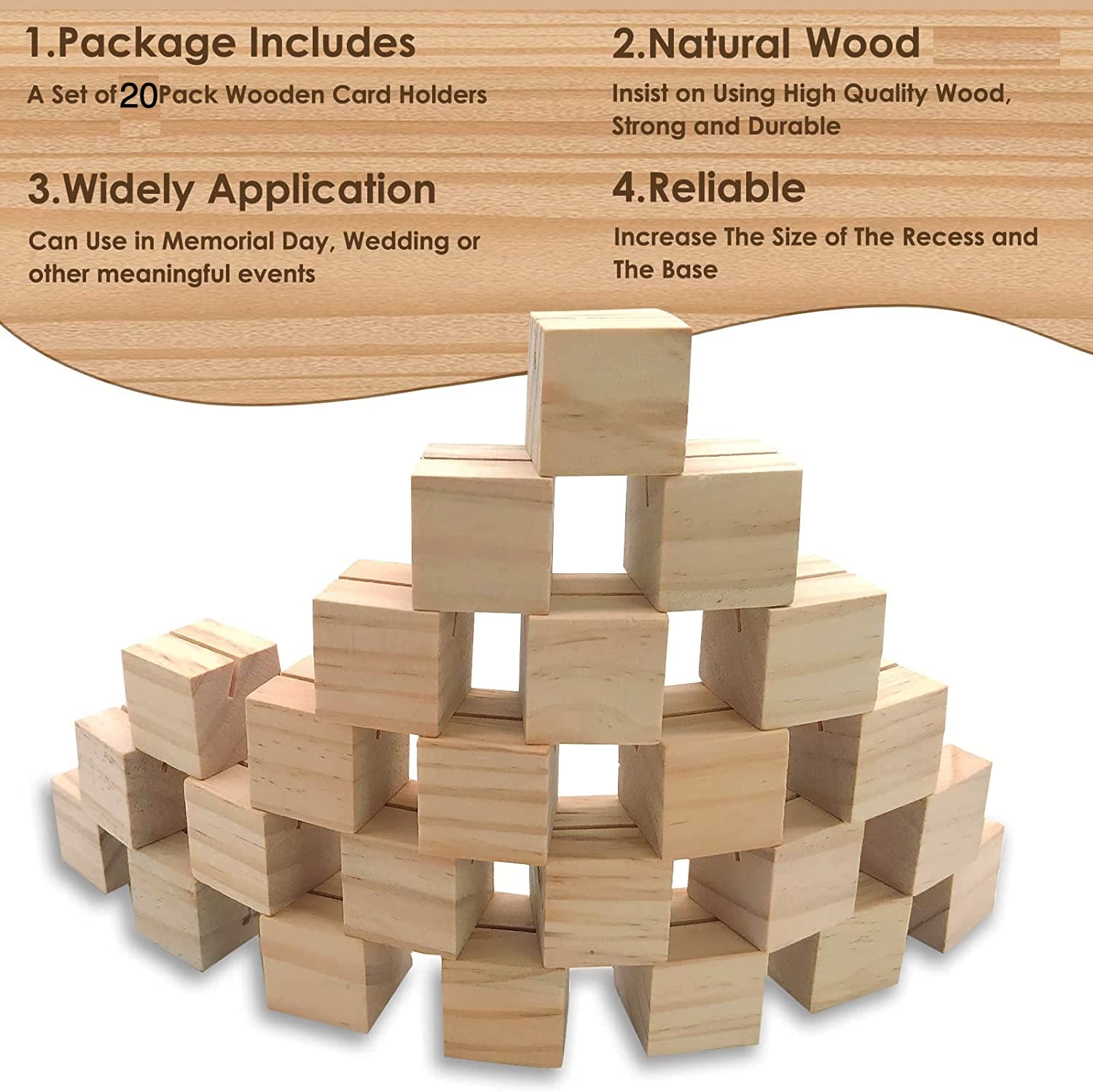 NJ Natural Beech Wood Table Number Holders, Card Holder, Wood Photo/Picture Holders, Conference Name Card Stand, Buffet menu Card Holder, Perfect for Hotel/Home Parties and conferences: 20 Pcs Set