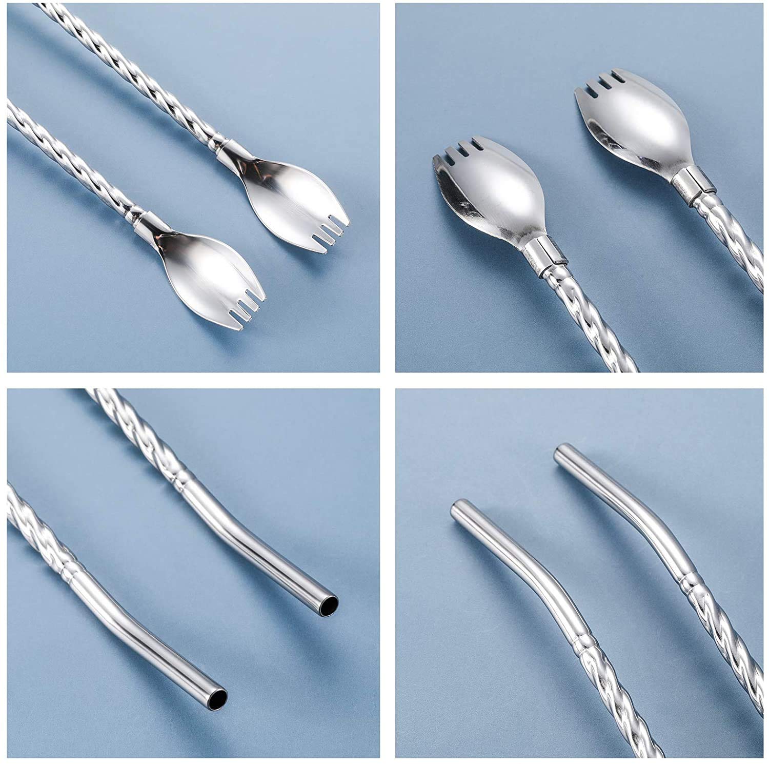 NJ Stainless Steel Sporks Straws with Spoons on The End for Drinking, Long Handle Bar Spork Spoon Silverware for Coffee, Bar Spoon, Bar Stirrer, Cocktail, Ice Cream Mixing and Stirring: 06 Pcs