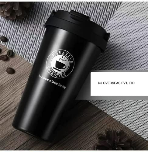 NJ Stainless Steel (304 Grade) Vacuum Insulated Travel Tea and Coffee Mug - Insulated Cup for Hot & Cold Drinks, Travel Thermos Flask with Lid- Black (500ML)