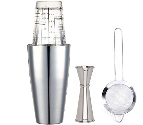 NJ Professional Stainless Steel Bar Boston Shaker Set, Cocktail Shaker, Mixing Glass, Japanese Jigger and Sifter): 4 Piece Set