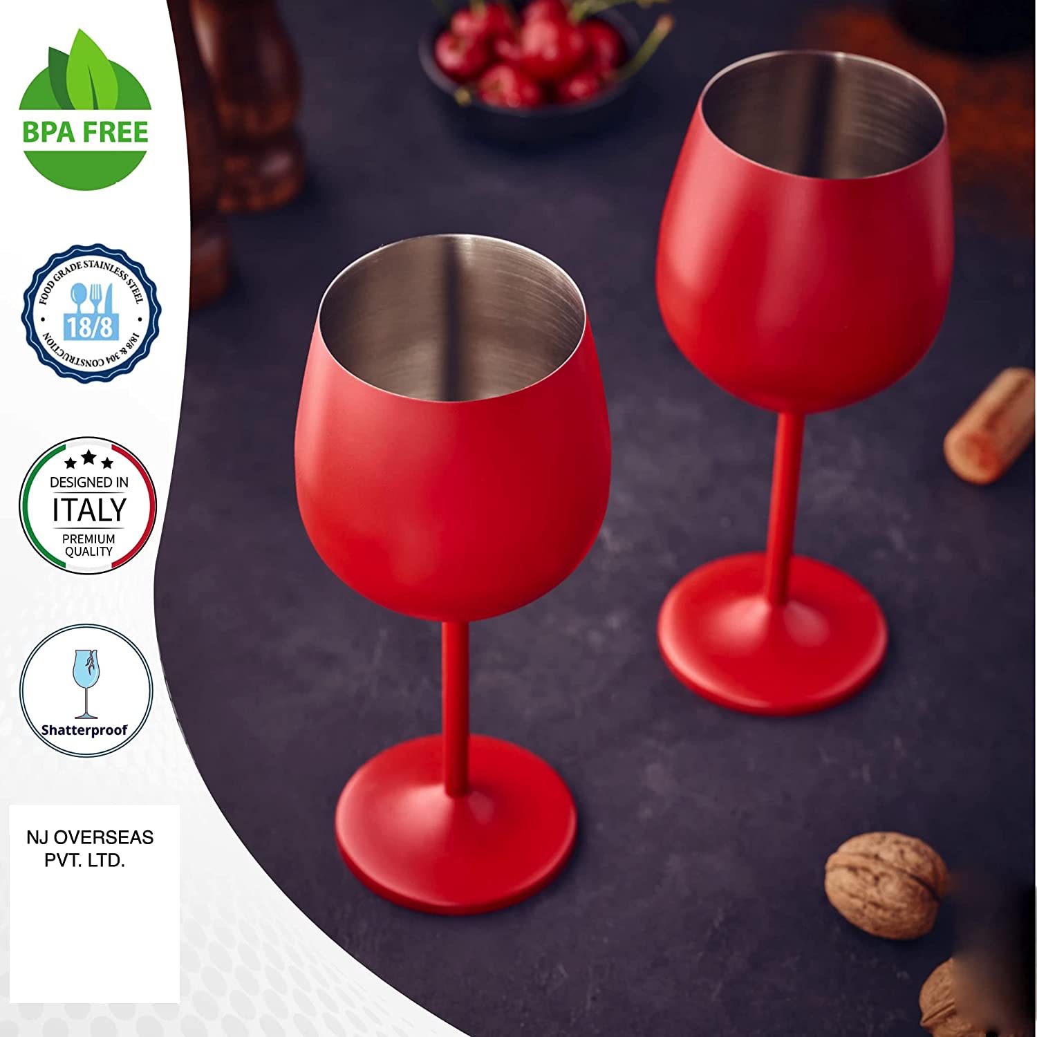 NJ Red Wine Glasses, Shatter Proof Red Coated Steel Unbreakable Wine Glass Goblets, Gift for Men and Women, Party Supplies - 350 ml: Set of 6 Pcs