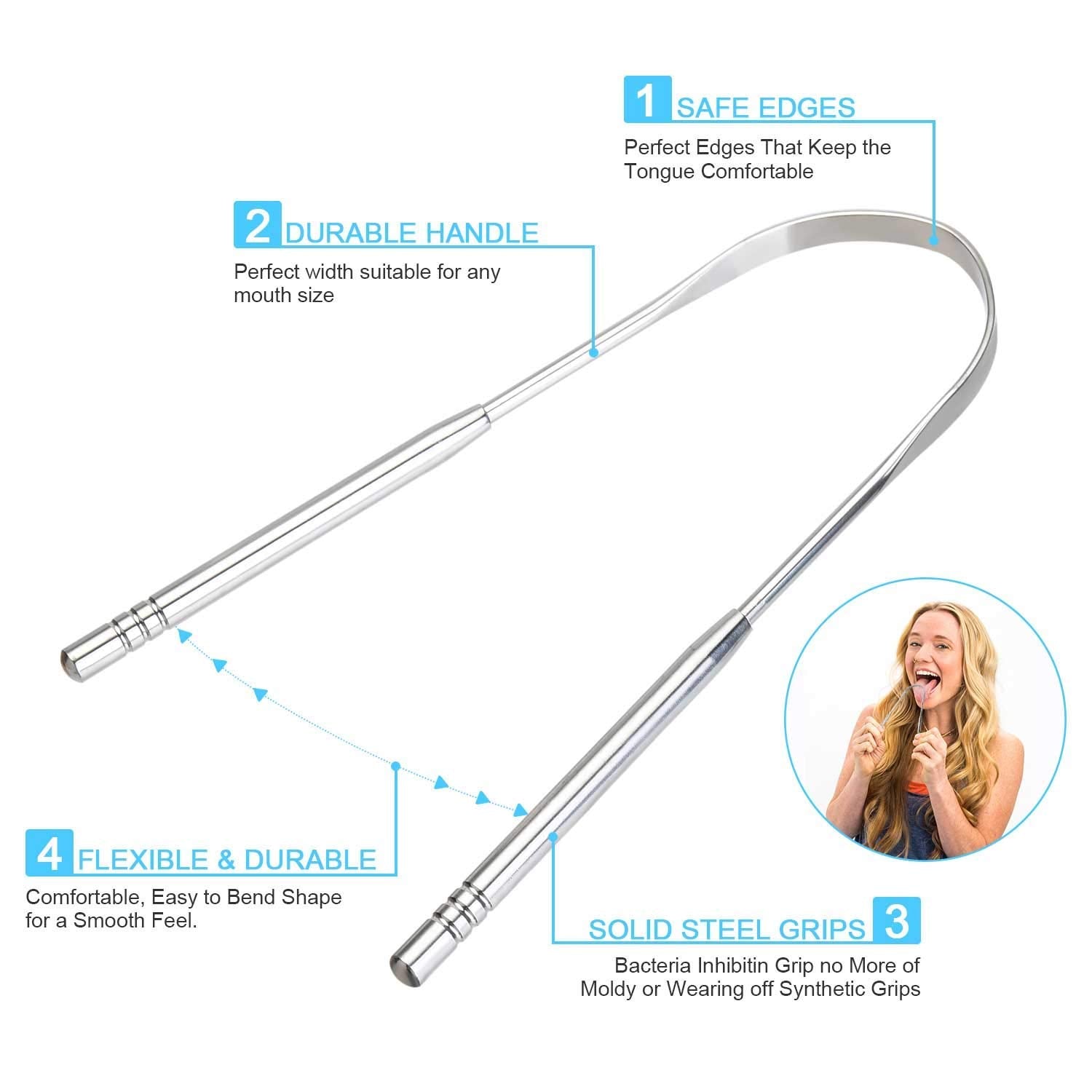 NJ Tongue Cleaner with solid handle, 304 Medical Grade Stainless Steel, Stainless Steel Tongue Cleaner for Both Adult and Kids, Professional Eliminate Bad Breath, Help Your Oral Hygiene: 1 Pc.