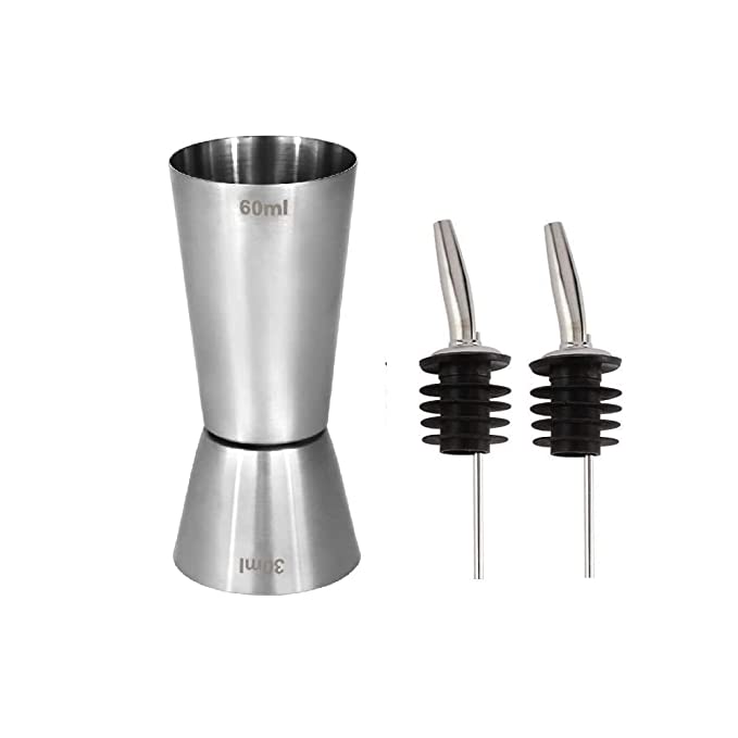 NJ Double Side Stainless Steel Peg Measure 30 and 60 ml , Drink Measuring Bar Tool Jigger with 2 Bottle Pourer : 3 Pcs