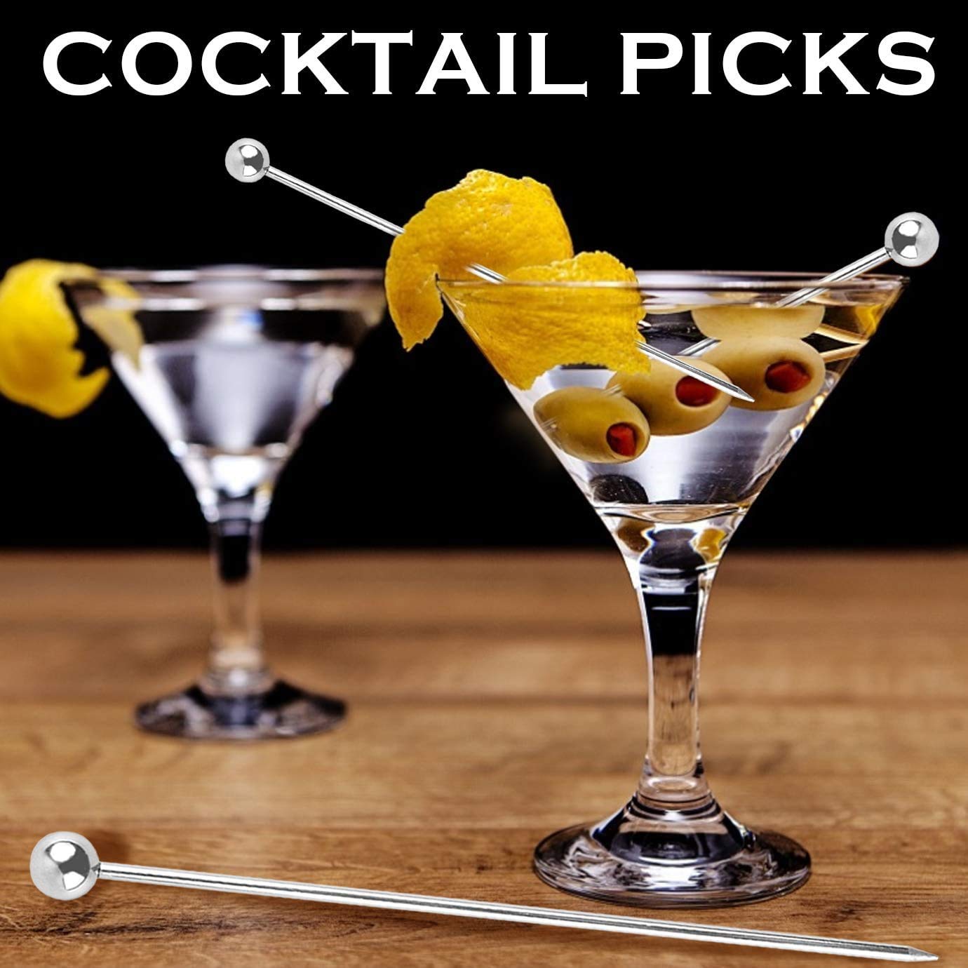 NJ Cocktail Picks 304 Stainless Steel Martini Olive Skewers Reusable Sticks Appetizer Toothpicks Fruit Stick, Perfect for Party Home Bar - 4.3 Inches, 15 Pcs (Small Ball)
