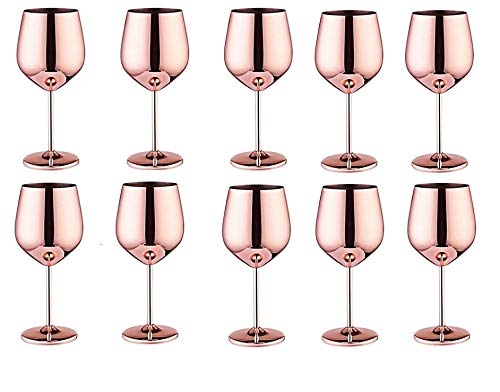 NJ Stainless Steel Stemmed Wine Glasses, Shatter Proof Copper Coated Unbreakable Wine Glass Goblets, Gift for Men and Women, Party Supplies - 350 ml: Set of 10 Pcs