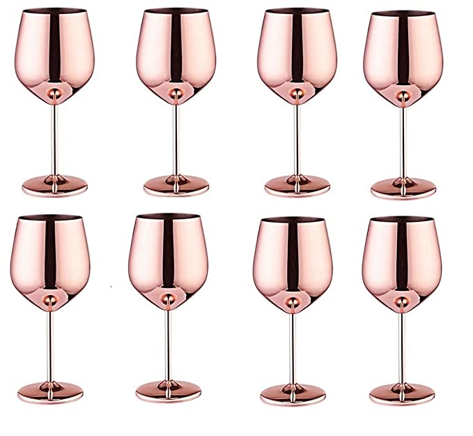 NJ Stainless Steel Stemmed Wine Glasses, Shatter Proof Copper Coated Unbreakable Wine Glass Goblets, Gift for Men and Women, Party Supplies - 350 ml: Set of 8 Pcs