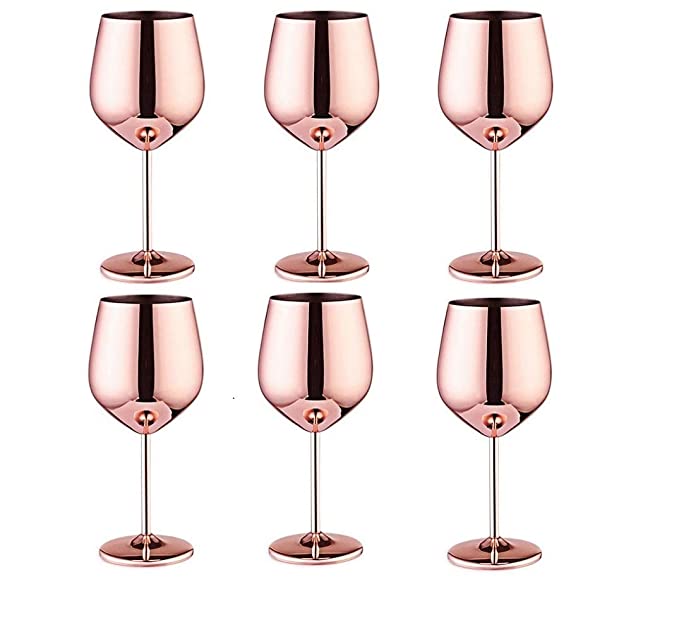 NJ Stainless Steel Stemmed Wine Glasses, Shatter Proof Copper Coated Unbreakable Wine Glass Goblets, Gift for Men and Women, Party Supplies - 350 ml: Set of 6 Pcs