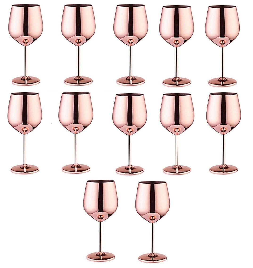 NJ Stainless Steel Stemmed Wine Glasses, Shatter Proof Copper Coated Unbreakable Wine Glass Goblets, Gift for Men and Women, Party Supplies - 350 ml: Set of 12 Pcs